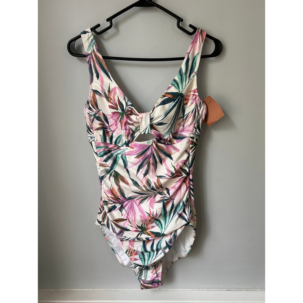 Shade & Shore Tropical Palm Cutout One Piece Swimsuit Pink Green Cream L NWT